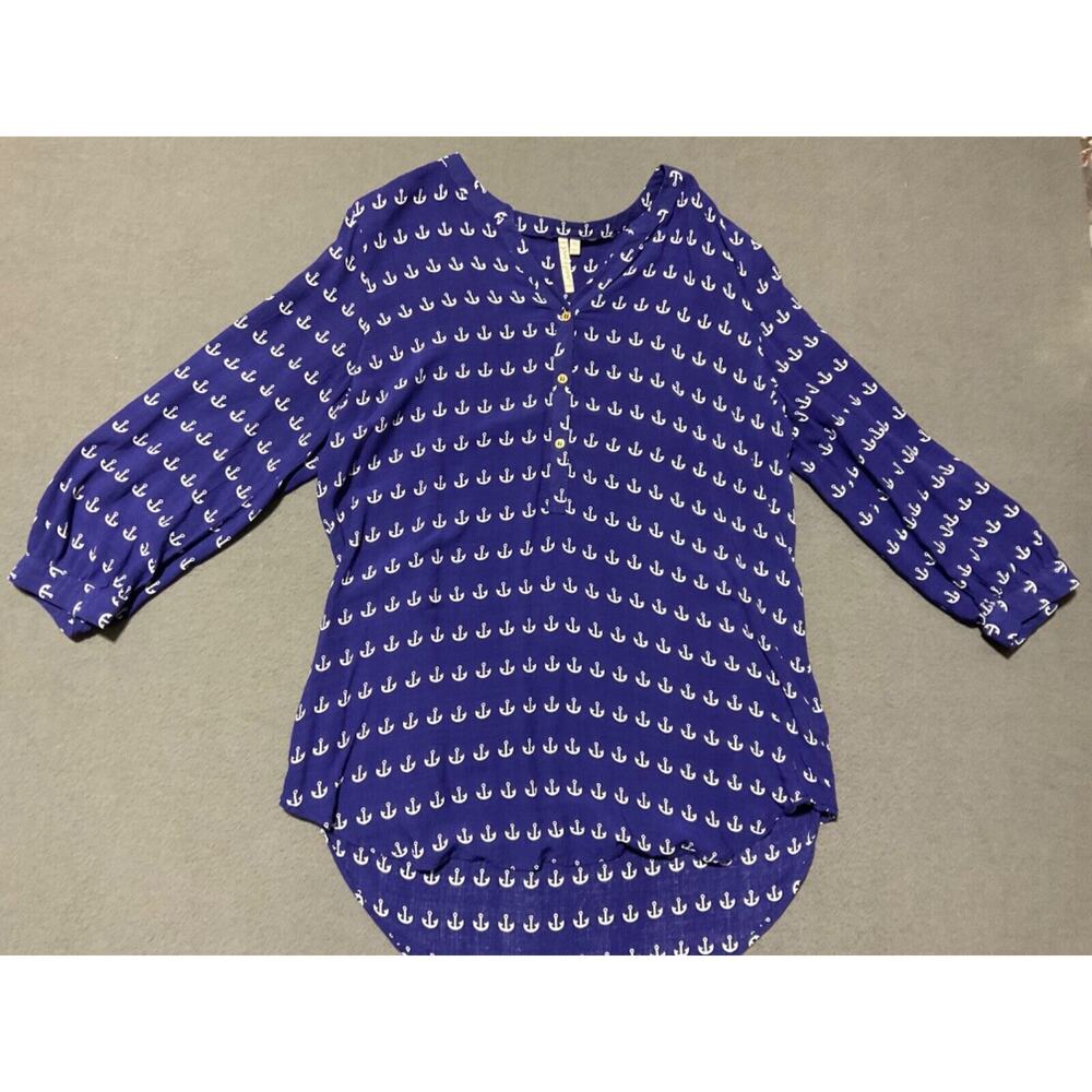 Grand & Greene Anchor Print XL Navy Top 1/4 Button Closure 3/4 Sleeve Nautical